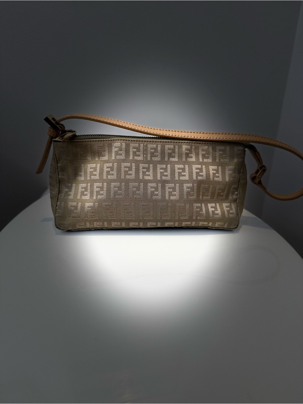 Fendi Beige Monogram Canvas Shoulder Pouch with Tan Strap